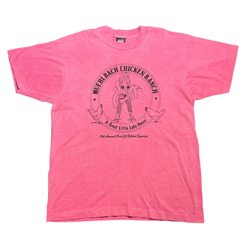 Vintage‎ Pink Muehlbach Chicken Ranch Bikini Squeeze T-Shirt XL
